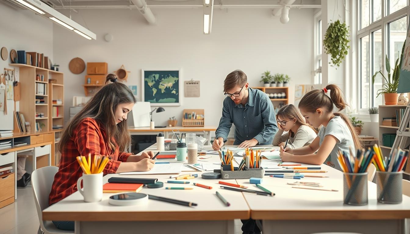 Students studying together in modern classroom